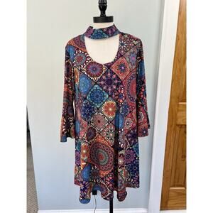 Judith March Dress Retro Patchwork Mini 70's Disco Round Neck SZ MD Boho